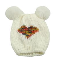 Smetanová pletená čepice se srdcem a bambulemi