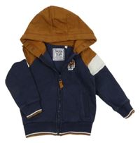 Tmavomodro-hnědo-bílá propínací mikina s bobrem a kapucí C&A