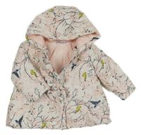 Bílá květovaná šusťáková zateplená bunda s ptáčky a kapucí Babaluno