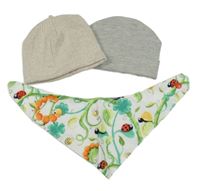 3set - Šedá melírovaná bavlněná čepice + béžová žebrovaná + bílý slinták se šneky a beruškami