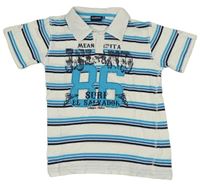 Bílo-modré pruhované polo tričko s číslem a nápisem