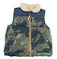 Khaki-modrá army šusťáková zateplená vesta s dinosaury F&F
