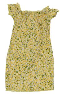 Žluté květované žebrované elastické šaty Shein