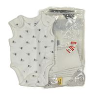 3set - 3x body - Bílé se slony + šedo-bílé pruhované + bílé F&F