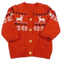 Červený propínací svetr se soby a norským vzorem Shein