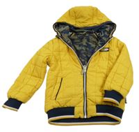 Hořčicová prošívaná šusťáková zateplená oboustranná bunda s kapucí 