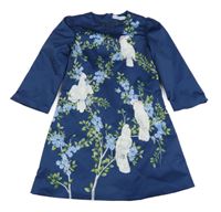 Tmavomodré šusťákové šaty s papoušky 