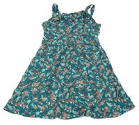 Zelenomodro-starorůžovo-tyrkysové květované šaty 