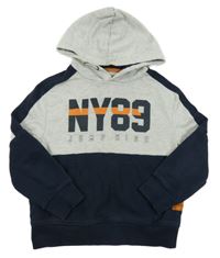 Světlešedo-tmavomodrá mikina s nápisem a kapucí C&A