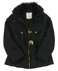 Černá šusťáková přechodová bunda s kožešinovým límcem a páskem Debenhams