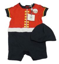Nové- 2set- Červeno-černý kraťasový overal s puntíky+ čepice M&Co.