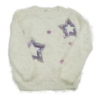 Bílý chlupatý svetr s hvězdičkami z flitrů V by Very