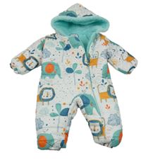 Bílá šusťáková zimní kombinéza se zvířátky a kapucí 