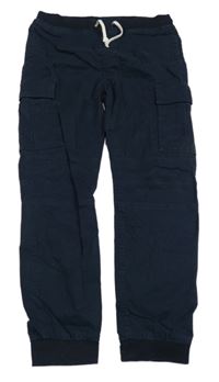 Tmavomodré plátěné cuff cargo kalhoty s úpletovým pasem H&M