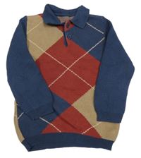 Tmavomodro-béžovo-červený károvaný svetr s límečkem Nutmeg