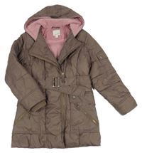 Béžový šusťákový zimní kabát s páskem a kapucí Next 