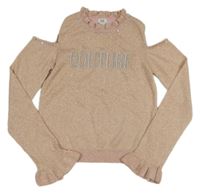 Růžovo-zlatý svetr s nápisem a volnými rameny River Island 