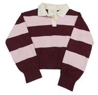 Vínovo-růžový pruhovaný crop svetr s límečkem Zara