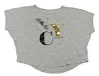 Šedé oversize crop tričko s nápisem z flitrů H&M