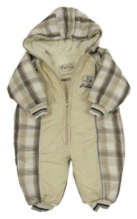 Béžovo-hnědá kostkovaná šusťáková zimní kombinéza s pejskem a kapucí Merkids 