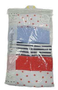 Nové - 5pack body - 2x bílé s jahůdkami + bílo-černé pruhované světlemodré + červené Dunnes