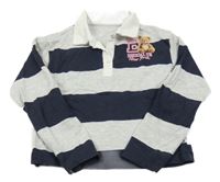 Tmavomodro-šedé pruhované polo crop triko s medvídkem Dunnes
