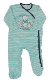 Tyrkysovo-bílý pruhovaný sametový overal s medvídkem Pú