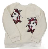Bílá chlupatá mikina s jednorožci z flitrů H&M