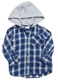 Tmavomodro-světlemodro-okrová kostkovaná košile s kapucí F&F