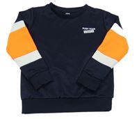 Tmavomodro-bílo-křiklavě oranžová sportovní mikina s nápisy KIDS