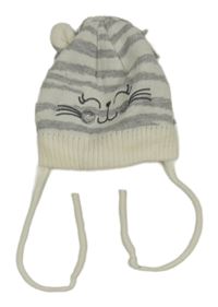 Smetanovo-šedá pruhovaná pletená zavazovací čepice s čumáčkem a oušky Ergee
