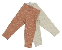 Nové - 2x - Teplákové zateplené legíny s mašlí - Pudrové s kytičkami, světlešedé melírované puntíkaté C&A