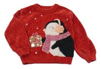 Červený melírovaný žinylkový svetr s tučňáčkem a dárkem z flitrů C&A