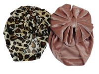 2x - Turbanová sametová čepice s mašlí - Béžovo/hnědo/černá vzorovaná, starorůžová