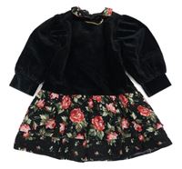 Černé sametovo/manšestrovo-plátěné šaty s růžemi a řetízkem a límečkem