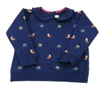 Tmavomodrá podšitá mikina s ptáčky a kytičkami a límečkem Jojo Maman Bébé