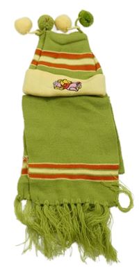 Nové - 2Set - Zeleno-žluto-červená pletená čepice s Pú a bambulkami a šála