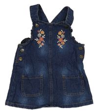 Tmavomodré riflové šaty s kytičkami a volánky