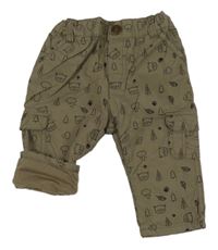 Khakišedé cargo plátěné podšité kalhoty s medvídky a stromy Smile