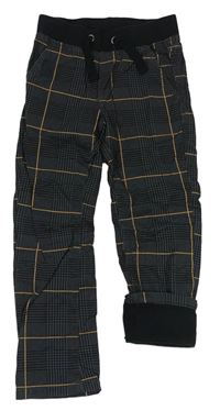 Černo-šedo-meruňkové kostkované plátěné podšité kalhoty s úpletovým pasem Dopodopo