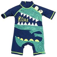Tmavomodro-zelený UV overal s dinosaurem Matalan