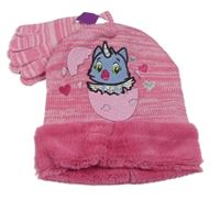 Nové - 2set - Růžová melírovaná pleteno/chlupatá čepice s Hatchimals + prstové rukavice