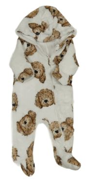 Bílá chlupatá podšitá kombinéza se psy a kapucí F&F