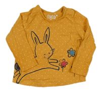 Okrové puntíkaté triko s králíkem a květy s bambulemi F&F