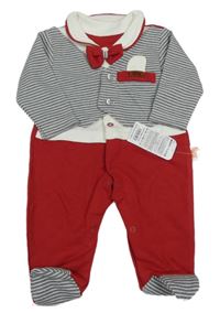 Nové - Červeno-šedo-bílý overal s pruhovaným sakem a motýlkem