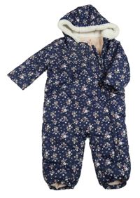 Tmavomodrá květovaná šusťáková zimní kombinéza s kapucí C&A