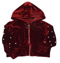 Vínová sametová propínací crop mikina s perlami a kapucí