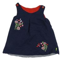 Tmavomodré teplákové laclové šaty s výšivkami květin