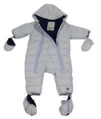 Světlemodrá prošívaná šusťáková zimní kombinéza s kapucí + rukavice + capáčky Timberland