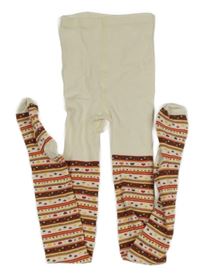 Krémovo-hnědo-červené vzorované punčocháče se srdíčky